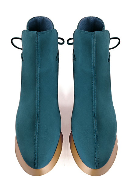 Peacock blue women's ankle boots with laces at the back.. Top view - Florence KOOIJMAN